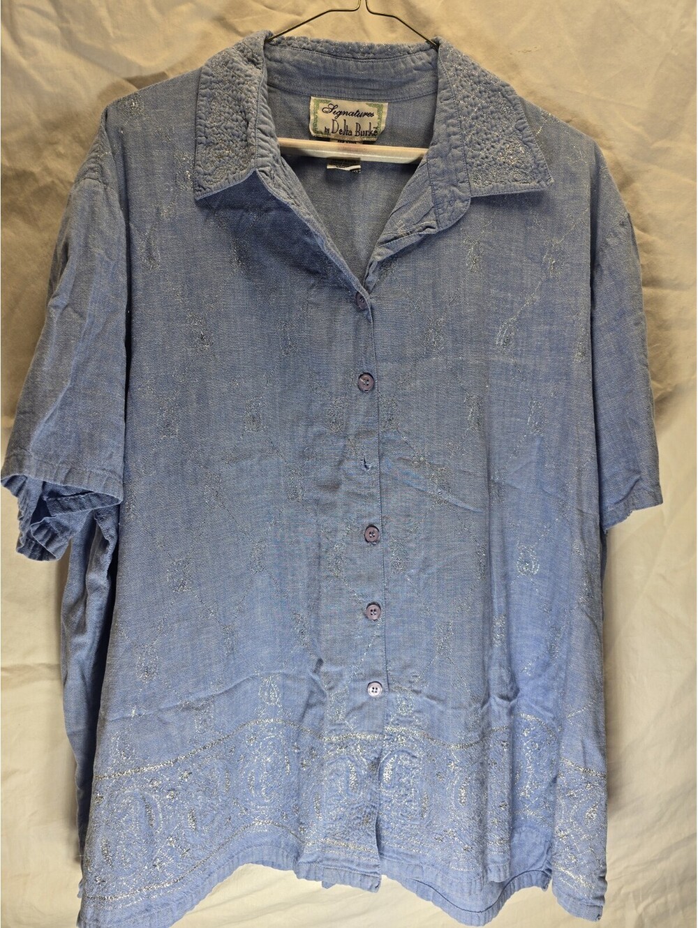 Vintage Signatures Delta Burke Womens 2X Metallic Silver Embroidered Top Blue